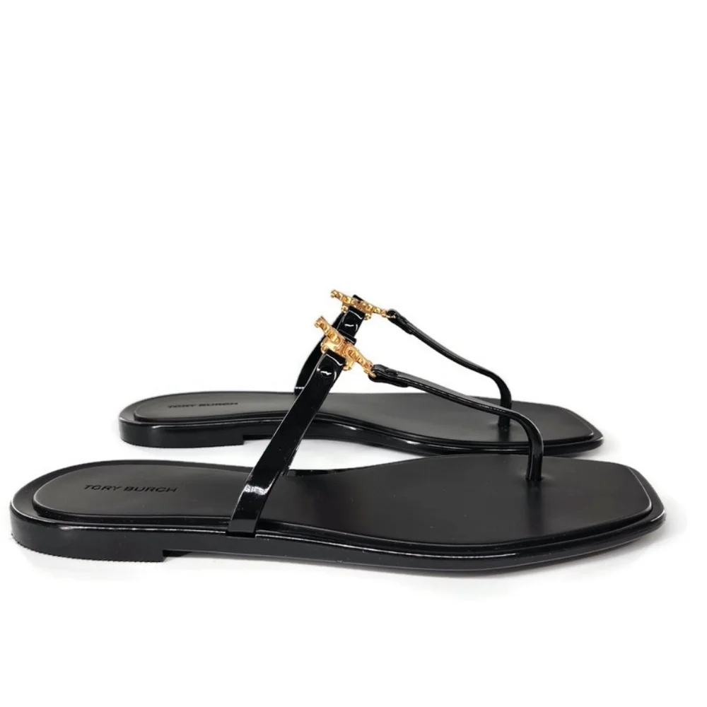 Tory Burch Roxanne Black Jelly Gold Double T Logo T-Strap Slide-On Thong Sandals - Picture 6 of 9